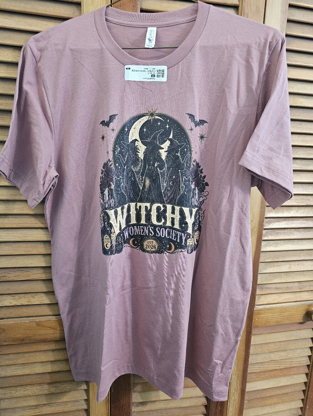 Witchy Womens Society Tee in Mauve, Cute Halloween Witch Shirt Size L New
